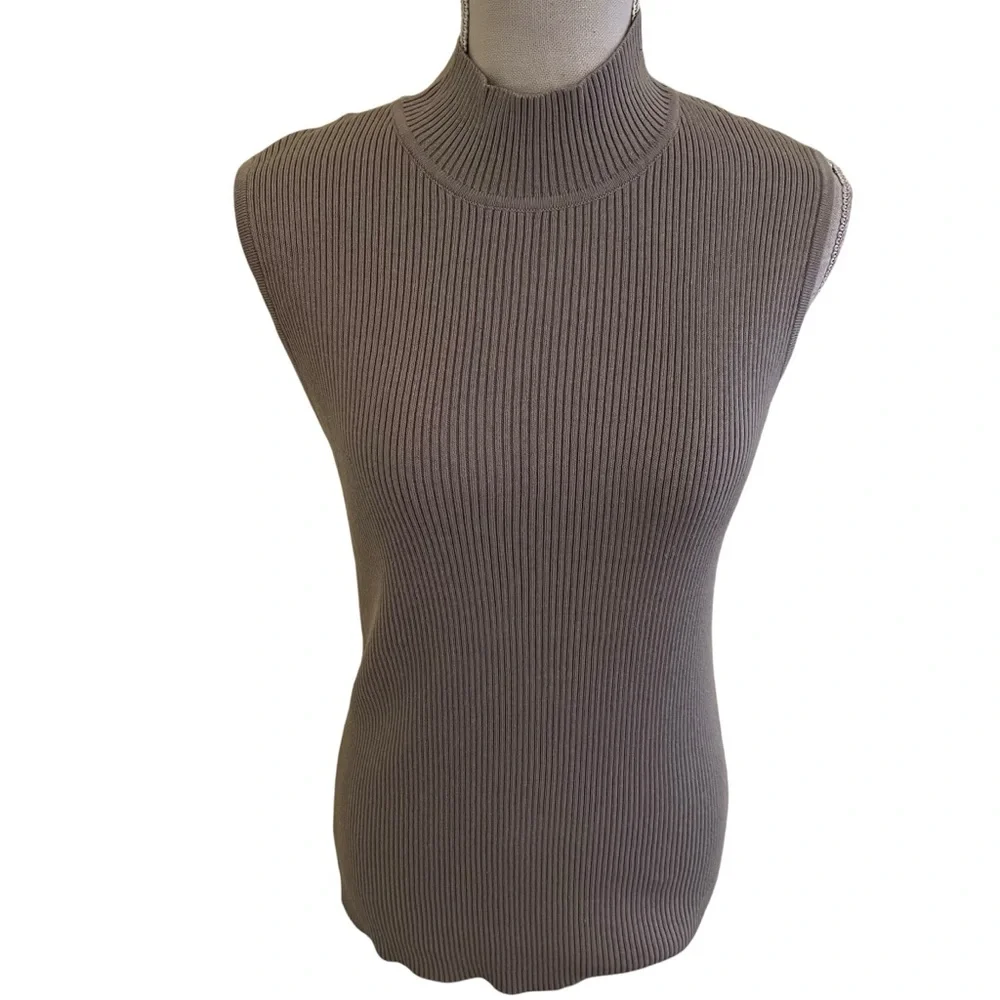 Spanner Grey Cotton-Blend Ribbed Knit Sleeveless Turtleneck Sweater XL